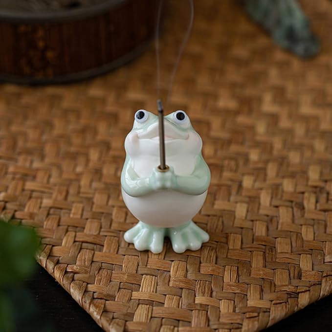 Frog Incense Holder for Sticks, Ceramic Incense Holder Cute Frog Figurines Incense Stick Holder, Insence-Sticks Burner Incense Burner Holder for Yoga Meditation Home Office Decor (without Ash Catcher)
