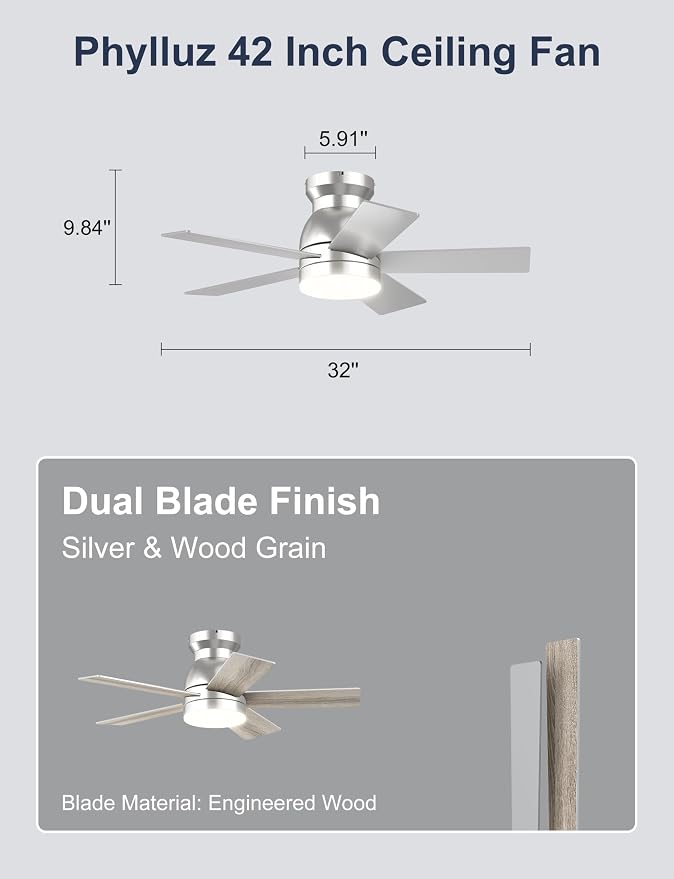 32'' Silver Low Profile Ceiling Fan with Light for Hallway, Closet | Quiet DC Motor, Flush Mount, 3CCT Dimmable, Modern Small Room Ceiling Fan with App/Remote Control