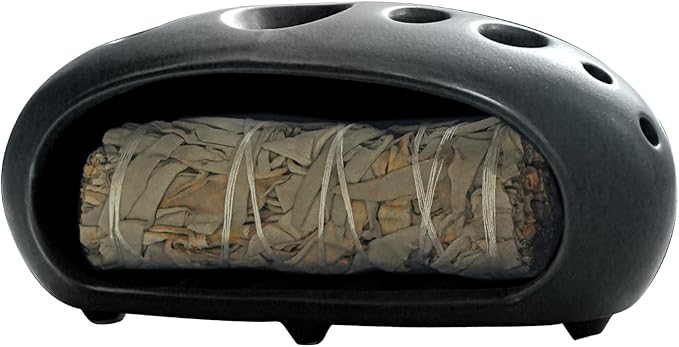 3 in 1 Palo Santo Holder for Sage Bundles Cone Incense, Handcrafted Ceramic Incense Burner Holder Ash Catcher with Chimney, Smudge Bowl for Yoga Meditation Home Decor (Multi - Porous Black)