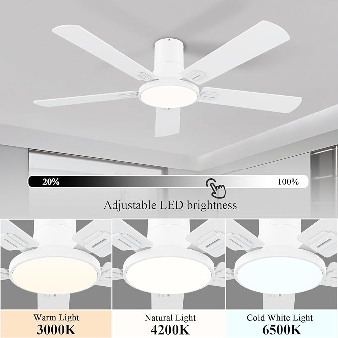 SNJ 52 Inch White Ceiling Fans with Lights and Remote,Flush Mount Low Profile 5 Blades Ceiling Fan,Dimmable Quiet Reversible DC Motor for,Living Room,Bedroom and Patio
