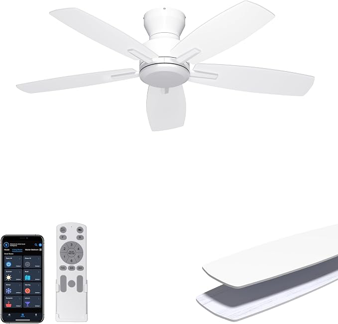 Ohniyou 42 Inch Ceiling Fan No Light, Low Profile Ceiling Fan with Remote and App Control, Flush Mount Ceiling Fan without Light for Bedroom Kitchen Covered Patios, Quiet DC Motor, White