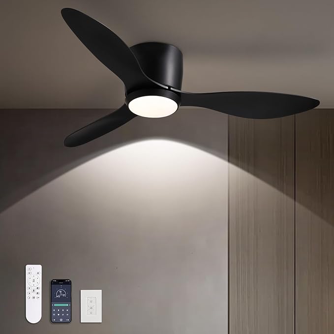 LUDOMIDE Ceiling Fans with Lights,42 Inch Low Profile Ceiling Fan with Wall Control and Remote Control,Dimmable,Flush Mount Ceiling Fan with Noiseless DC Reversible Motor for Bedroom Indoor Use