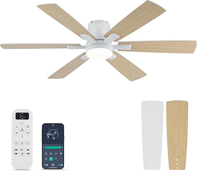 OURSTAR Ceiling Fans with Lights and Remote Control, White Low Profile Ceiling Fan with Light 3-Color LED Dimmable, Memory for Lighting and Fan Reversible, 6-Speed, Timer, Indoor/Outdoor Use, 52 Inch