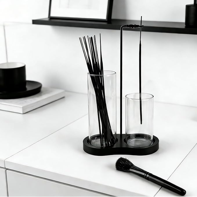 2 in 1 Black Incense Holder for Sticks with Glass Ash Catcher, Anti-Ash Incense Burner for Yoga Meditation Spa, Sleek Minimalist Decor & Incense Holder for Men, Includes Ash Brush