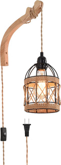 Plug in Wall Sconce,Farmhouse Wicker Wall Lamp Plug in,Hand Woven Rattan Wall Light Farmhouse Rustic Boho Sconces Wall Lighting for Living Room Bedroom