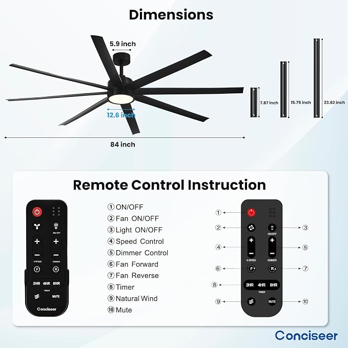 Conciseer Modern Ceiling Fans with Lights, 84 Inch Ceiling Fan with Light and Remote,Living Room Library Cafe Outdoor/Industrial, 3CCT 8 Blades 6 Speed Reversible Quiet DC Motor, Black/A