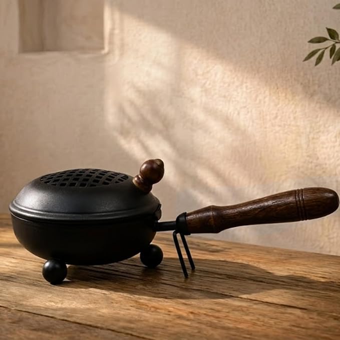 ServDharm Incense Holder Metal Black (3.4” Diameter) | Incense Burner with Wooden Handle | Loban Dhoop Holder for Home Decor, Puja, Meditation, Yoga, Spa and Gifting