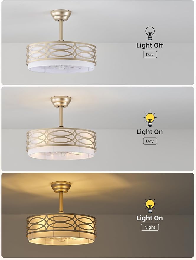 20" Gold Boho Ceiling Fan with Light, Caged Fandelier Ceiling Fans with Lights Remote Control with 6 Speeds for Bedroom, Living Room, Nursery