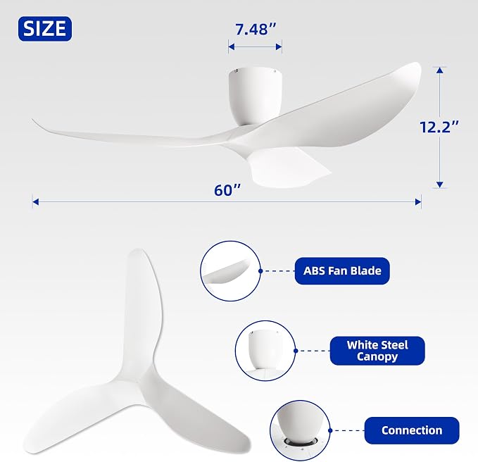 60" White Flush Mount Ceiling Fan with Remote, No Light | Modern Low-Profile, Heat Resistant ABS Blades, 6-Speed Reversible Quiet DC Motor for Balcony, Living Room, Bedroom