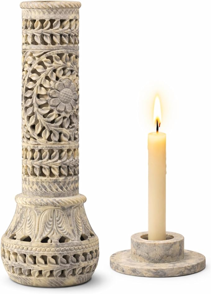 Carry Me Marble Soapstone Incense Stick Holder | Candle Burner | Tea Light Stand - Perfect Handmade Bottle Tower. Decorative Floral Carving for Gifting - Home and Office Decor - (3x3x10.5 Inches)