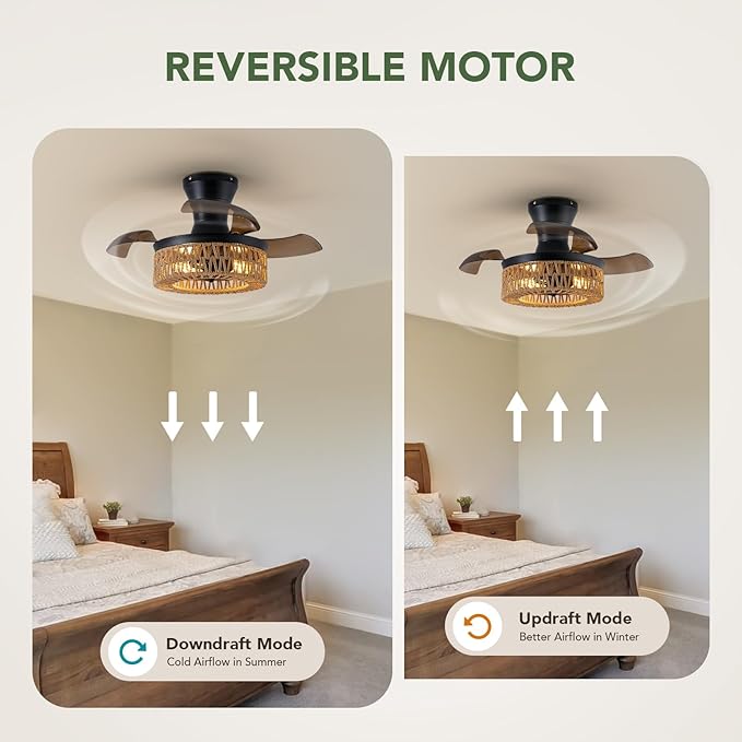 28'' Retractable Ceiling Fan with Lights and Remote, Flush Mount Small Caged Ceiling Fan Farmhouse Boho Fandelier Invisible Blades 6 Wind Speed for Kids Room Bedroom Kitchen Dining Room