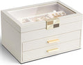 VLANDO Jewelry Box Organizer for Women, 3-Layer Jewelry Storage Case with Glass Lid, Gold Handle, 2 Drawers for Rings, Earrings, Necklaces and Bracelets - Cloud White