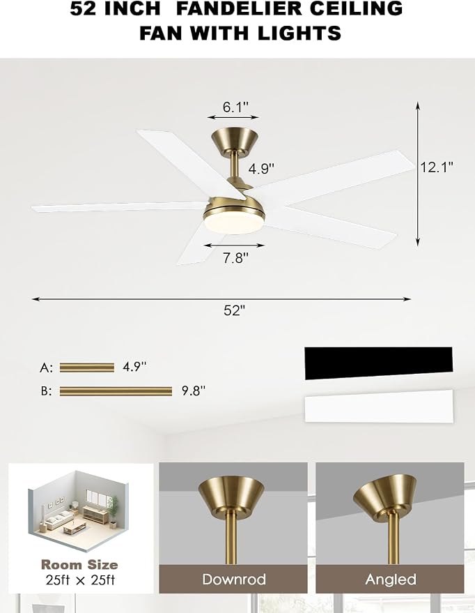 Bella Depot 52 Inch White and Gold Ceiling Fan with Light, Modern Brass Ceiling Fan with Dimmable LED Light, Chandelier Fan with Quiet DC Motor for Living Room, Bedroom, Kitchen