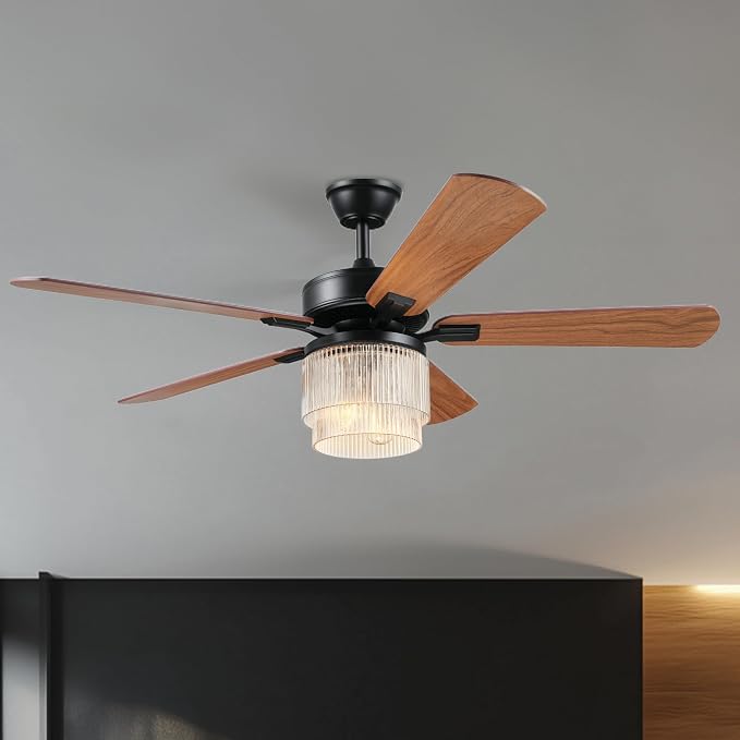 52" Matte Black 2-Light Indoor/Covered Outdoor Ceiling Fan with Glass Shade and Remote Control | WhisperQuiet DC Motor, 6 Speeds, Reversible Blades, Reversible Airflow, Remote Included, Bulbs Sold Separately