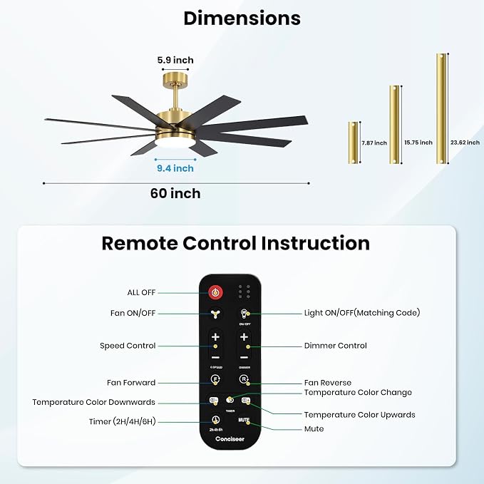 60 Inch Ceiling Fans with Lights and Remote, Dual Color 6 Blades, Bedroom Living Room Office Library Cafe Outdoor Industrial, 3CCT Dimmable, 6 Speed Reversible Quiet DC Motor, Gold/Wood Grain