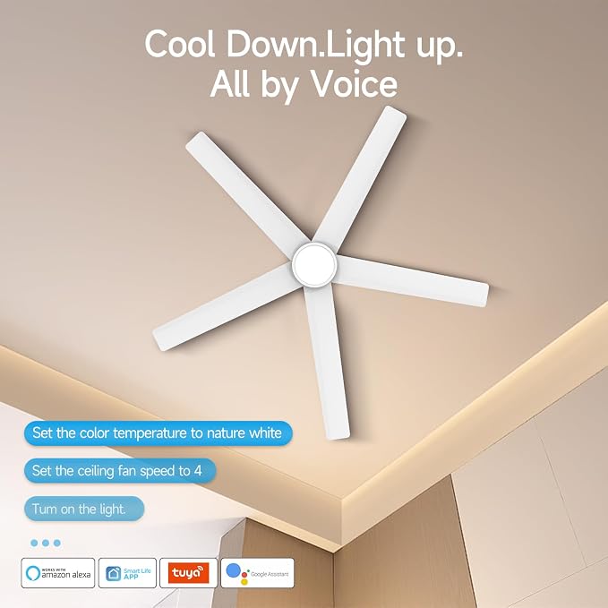 ocioc Smart Ceiling Fans with Lights,52 inch,Reversible Quiet DC Motor,Dimmable,White Ceiling Fan Compatible with Alexa Google home Indoor/Outdoor