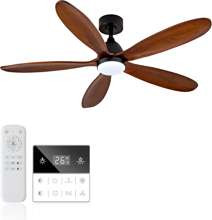 52 Inch Solid Wood Ceiling Fans With Lights, Remote Control, Dimmable, Reversible, Wood Blades, Power-Off Memory, Quiet DC Motor, Indoor/Oudoor Ceiling Fan with Light for Patio
