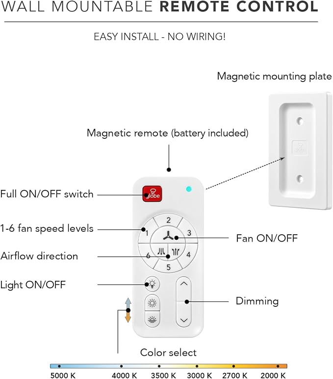 Globe Electric 27106 48" Ceiling Fan with LED Light, Remote Control, WhisperQuiet DC Motor, 6 Speeds, Black with Brass Accents, Reversable Airflow, Ceiling Fans with Lights, Ceiling Lighting