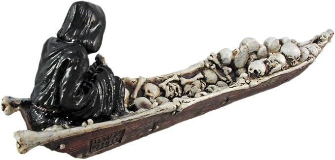 DWK Grim Reaper Skull Boat Decorative Incense Holder | Grim Reaper Decoration Large Incense Burner | Skull Decor Gothic Bookshelf | Reaper Figurines - 10L