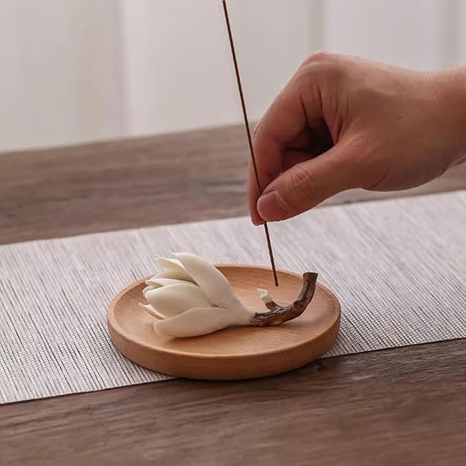 WAYUTO Vivid Magnolia Flower Incense Holder with Wood Tray Ceramic Incense Burner Decorative Incense Stick Burner Ash Catcher for Home Decoration
