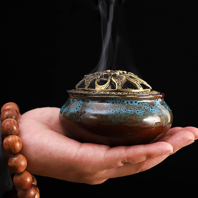 Ceramic Incense Burner with Lid, Incense Holder for Sticks Incense Cone Holder with Brass Incense Stick Holder for Yoga Meditation Home Decor (Fambe Blue)