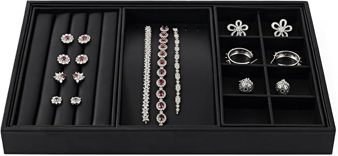 Oirlv Leather Multi-Function Jewelry Tray Black | Versatile Compartments for Rings/Earrings/Bracelets, Stackable Design
