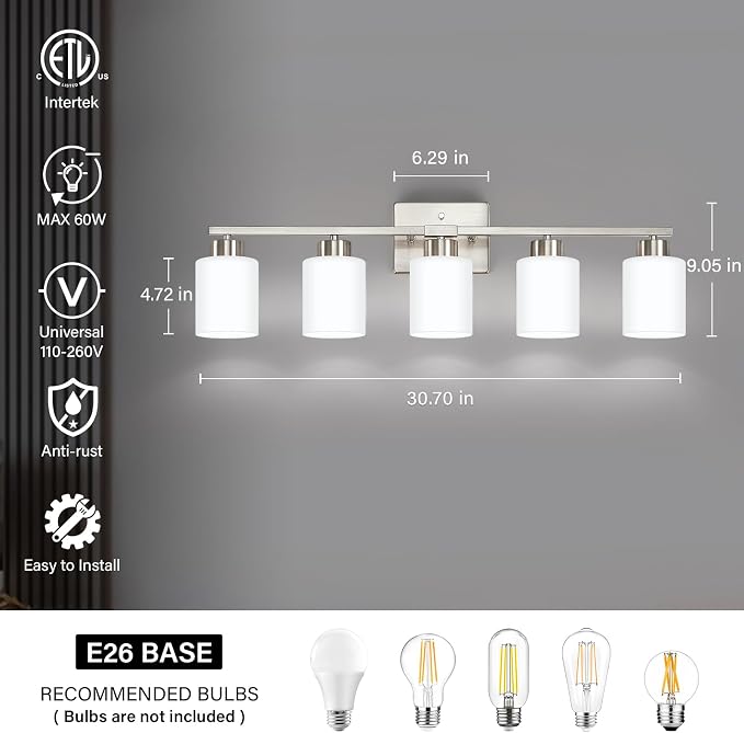 FonmYim Brushed Nickel Bathroom Light Fixtures, 5-Light Modern Vanity Light Over Mirror, Wall Sconces with Milky White Frosted Glass Shades, E26 Socket (Bulbs Not Included)