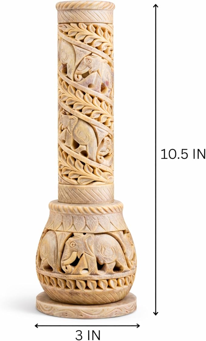 Carry Me Hand Carved Soapstone Incense Stick Holder | Candle Burner | Tea Light Stand. Elephant Jaali Carving Bottle Shape. Decorative Home and Kitchen Decor - (3x3x10.5 Inches)