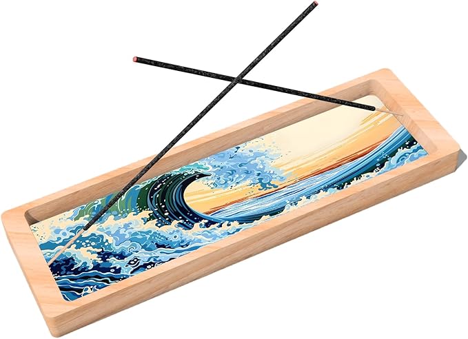 Incense Stick Holder with Wide Glass Base Ocean Landscape Wooden Incense Tray Home Decor AEFTJI