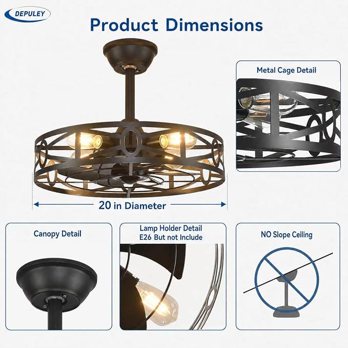 Depuley Caged Ceiling Fans with Light: 20-Inch Black Metal Enclosed Farmhouse Fandelier for Kitchen Bedroom - Industrial Semi Flush Mount Ceiling Fans with Remote 6 Speeds Reversible Motor Timer