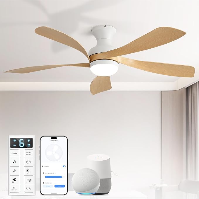 Sofucor Smart 52'' Low Profile Ceiling Fan with Lights and Remote, Flush Mount Ceiling Fan Work with APP/Alexa/Google for Modern Bedroom Living Room Patio, Dimmable LED Quiet Reversible DC Motor
