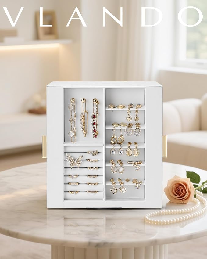 VLANDO 360° Rotating Jewelry Box with 5 Drawers, Large Jewelry Storage with 2 Glass Window, PU Leather Jewelry Organizer for Bracelets, Necklaces, Earrings, Rings - White