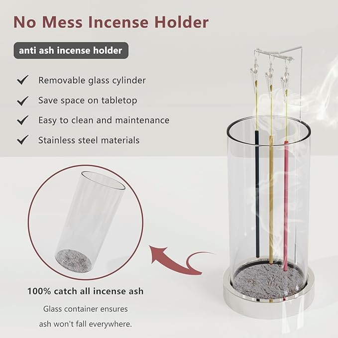 Incense Holder Ash Catcher - Upside Down Glass Incense Holder for Sticks, Reverse Inverted Anti Ash No Mess Insence-Stick Holder, Modern Metal Vertical Incense Burner for Room Decor, Silver