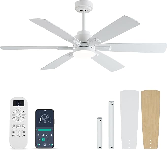 OURSTAR Ceiling Fans with Lights and Remote Control, White Ceiling Fan with Light 3-Color LED Dimmable, Memory for Lighting and Fan Reversible, 6-Speed, Timer, Indoor/Outdoor Use, 52 Inch