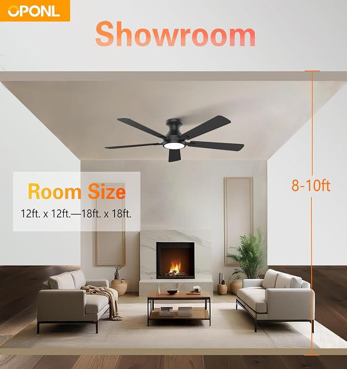 OPONL Ceiling Fan with Light, 52 inch Low Profile Ceiling fan with Light and Remote Control, Reversible, 6CCT, Dimmable, Noiseless, Black Ceiling Fan for Bedroom, Indoor/Outdoor Use, Modern