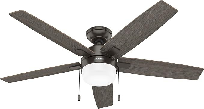 Hunter 52" Anisten Indoor Ceiling Fan, LED Light, Pull Chain, Noble Bronze | WhisperWind whisper-quiet motor, DuraLight lens, and 3" downrod support bedrooms, offices, and great rooms year-round.