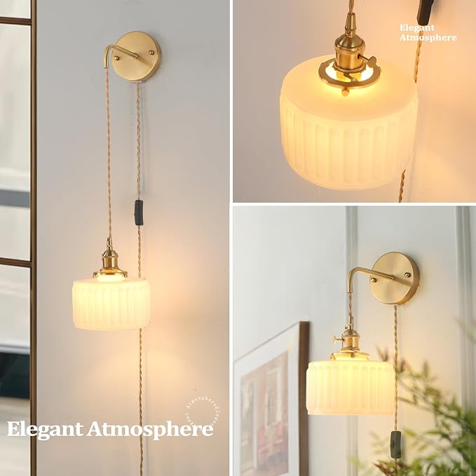 Shenmoyl Vintage Wall Sconce with White Striped Glass Shade Hanging Wall Sconce with 4.9FT Plug in Cord, Modern Wall Lamp Fixtures Decor for Bedside Bedroom Indoor Doorway