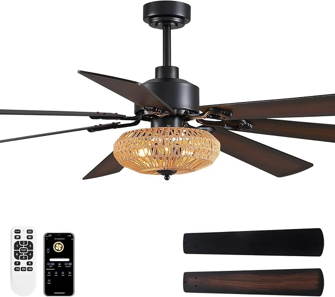 72 Inch Ceiling Fan with Light Indoor Rustic Farmhouse Matte Black 7 Blades APP and Remote Control, Large Boho Fandelier for Living Room Dining Room Bedroom