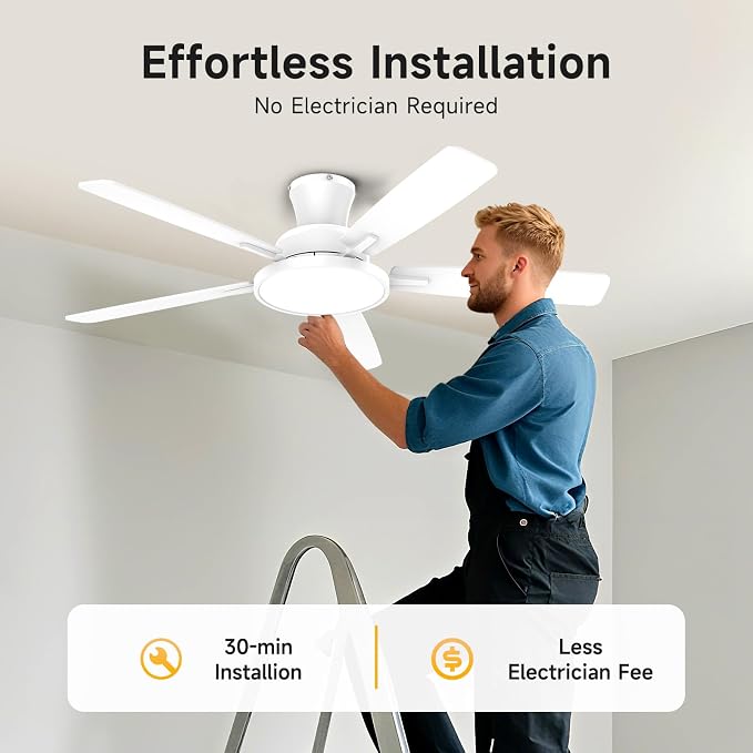 TALOYA Ceiling Fans with Lights and Remote, 52 inch Low Profile Ceiling Fan with Nightlight, Flush Mount, Reversible, 3CCT, Dimmable White Modern Ceiling Fan for Bedroom, Living Room, Outdoor Patio