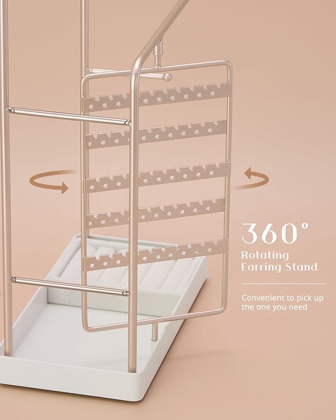 ProCase Jewelry Stand Holder Organizer and Storage, Champagne (No-Assembly) | Rotating Earring Bracelet Holder Storage, Hanging Jewelry Display Velvet Ring Tray, Teen Girls Birthday Gifts Room Dorm Decor