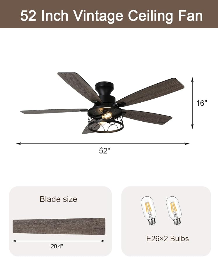 52 Inch Flush Mount Farmhouse Ceiling Fan with Lights and Remote | Rustic Fandelier Black Metal Caged Chandelier Fan, 5 Dual Blades, Reversible Quiet DC Motor 6 Speed, for Bedroom Living Room