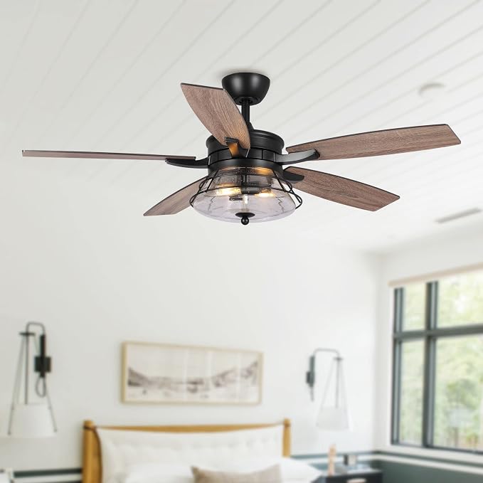 52 Inch Farmhouse Ceiling Fans with Lights and Remote Control - 3-Speed Reversible Motor, Retro Style Indoor/Outdoor Ceiling Fan with 5 Blades for Home Living Room Bedroom