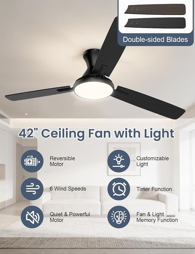 Ceiling Fan with Lights, 42” Ceiling Fan with Light and Remote/APP Control, 2700-6500K CCT Adjustable, Stepless Dimmable, Quiet Reversible Motor, Flush Mount LED Fans Light for Bedroom Living Room