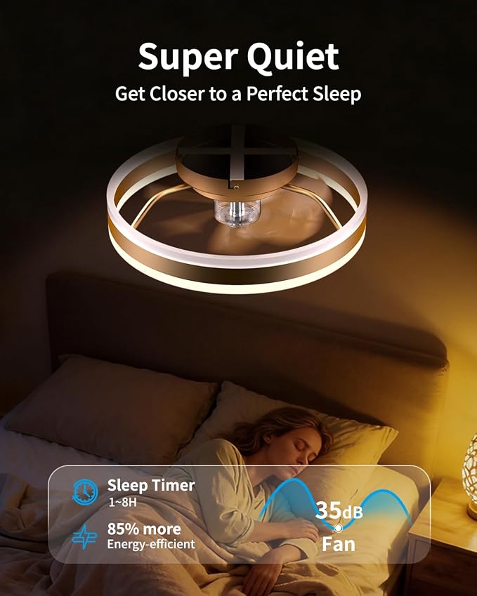 RGB Ceiling Fan with Lights, low profile ceiling fans with lights and remote, Flush Mount LED Fan Light, Modern Bladeless Fandelier for Bedroom Works with APP, 16IN Gold