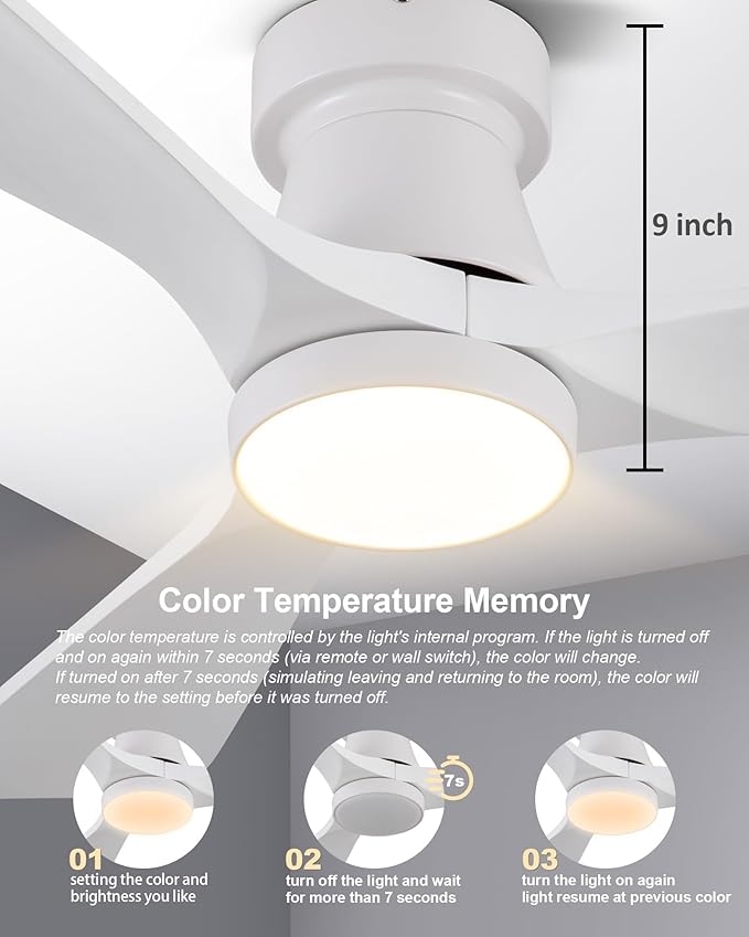 42-Inch White Ceiling Fans with Lights, Remote Control, Flush Mount, Dimmable, Reversible, Wood Blades, Power-Off Memory, Quiet DC Motor – Modern Hugger Ceiling Fan for Indoor Outdoor White
