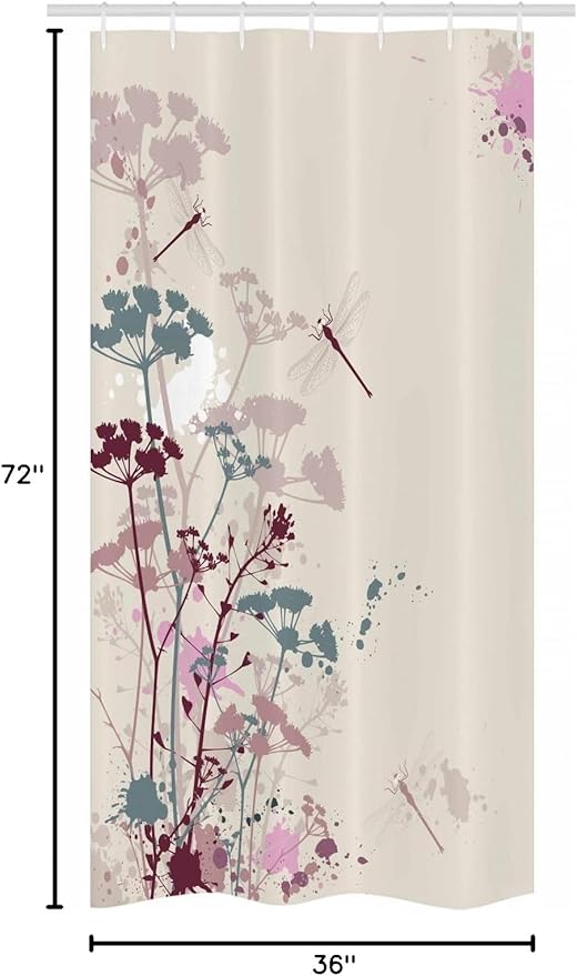 Ambesonne Dragonfly Stall Shower Curtain, Plants Petals Winged Bugs Soft Color Design Grunge Effects Vintage Style, Fabric Bathroom Decor Set with Hooks, 36" W x 72" L, Grey Yellow