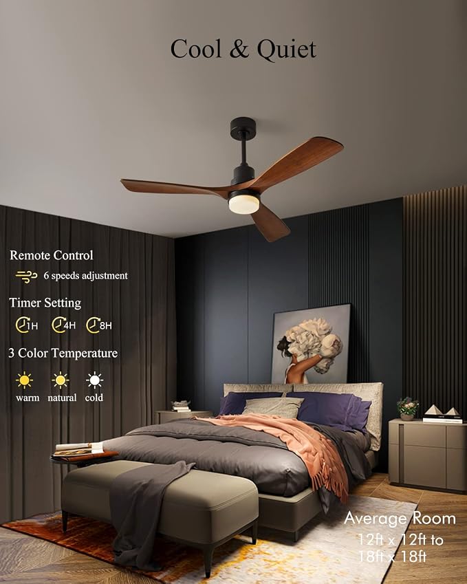 Modern Ceiling Fans with Lights, 3 Wood Fan Blades, 52" Black with Remote Control, Noiseless Reversible DC Motor for Bedroom/Living Room/Study/Patio