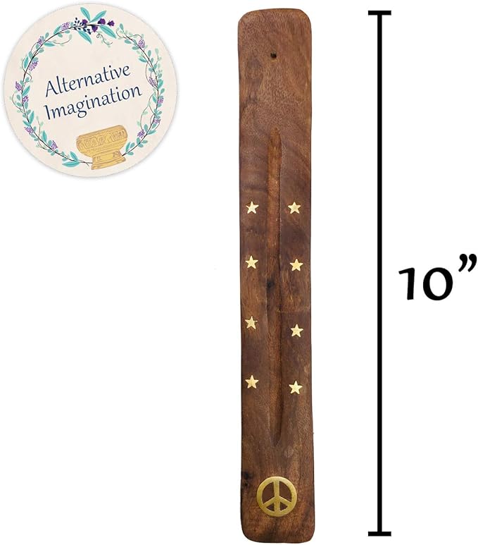 Incense Holder with Peace Sign - Wooden Tray Incense Burner Holder with Brass Inlay - for Incense Sticks, Meditation Accessories, Room Decor - 10 Inches