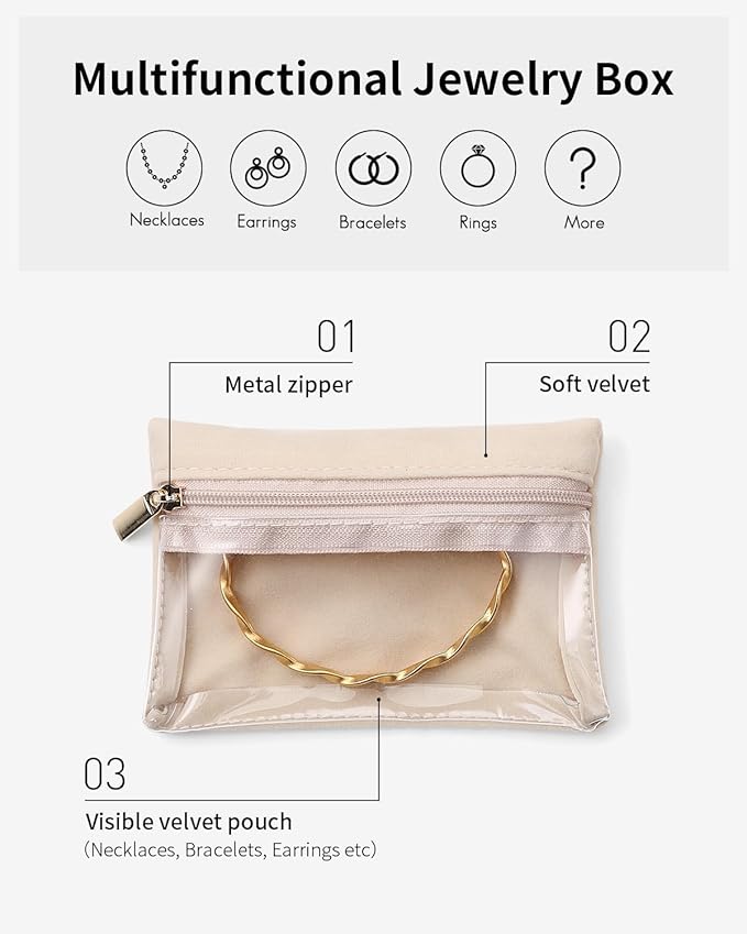 VLANDO 33 Pcs Travel Jewelry Case Velvet Jewelry Pouch with Zipper Clear Travel Jewelry Bag Jewelry Travel Organizer for Travel Business Trip Mother Day Mom Gifts for Mom Wife Women