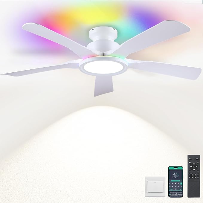 Ceiling Fans with Lights and Remote/APP Control, 52" Low Profile Flush Mount Ceiling Fan with RGB Ring Light & Dimmable, 5 Reversible Curved Blades 3 CCT 6 Speeds for Kids Room Living Room, White